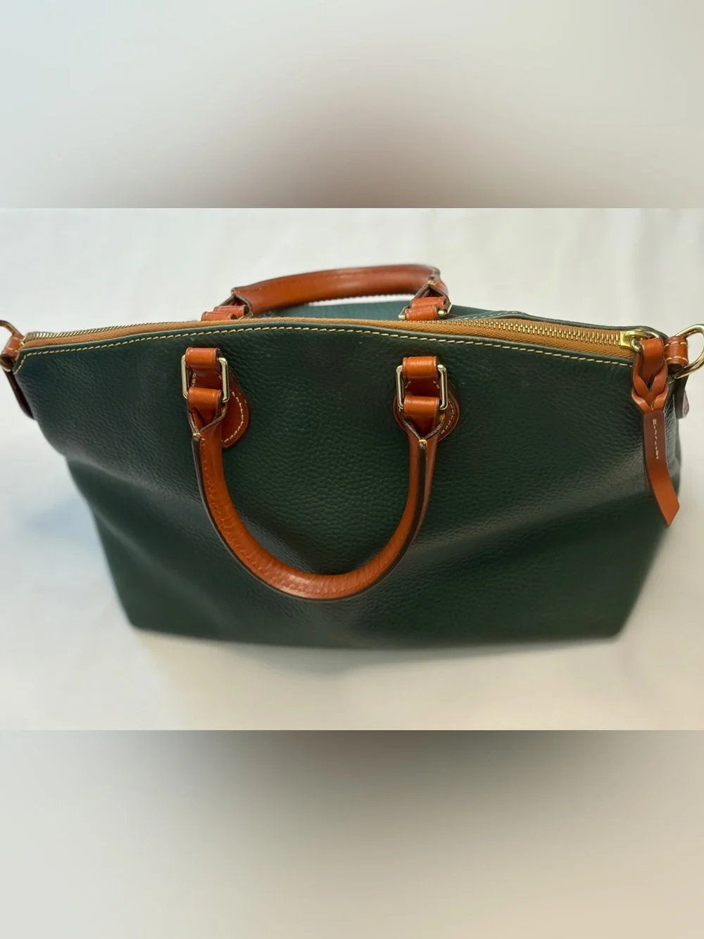 Dooney & Bourke Dillen Green Pebbled Leather Satchel with Brown Trim